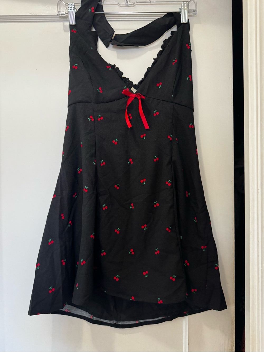 Black Cherry Print Halter Dress with Red Bow